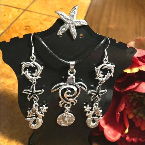 Hand Crafted Jewelry - Handmade Ocean Life Earring Necklace and Brooch Combo Lot Mermaid Starfish